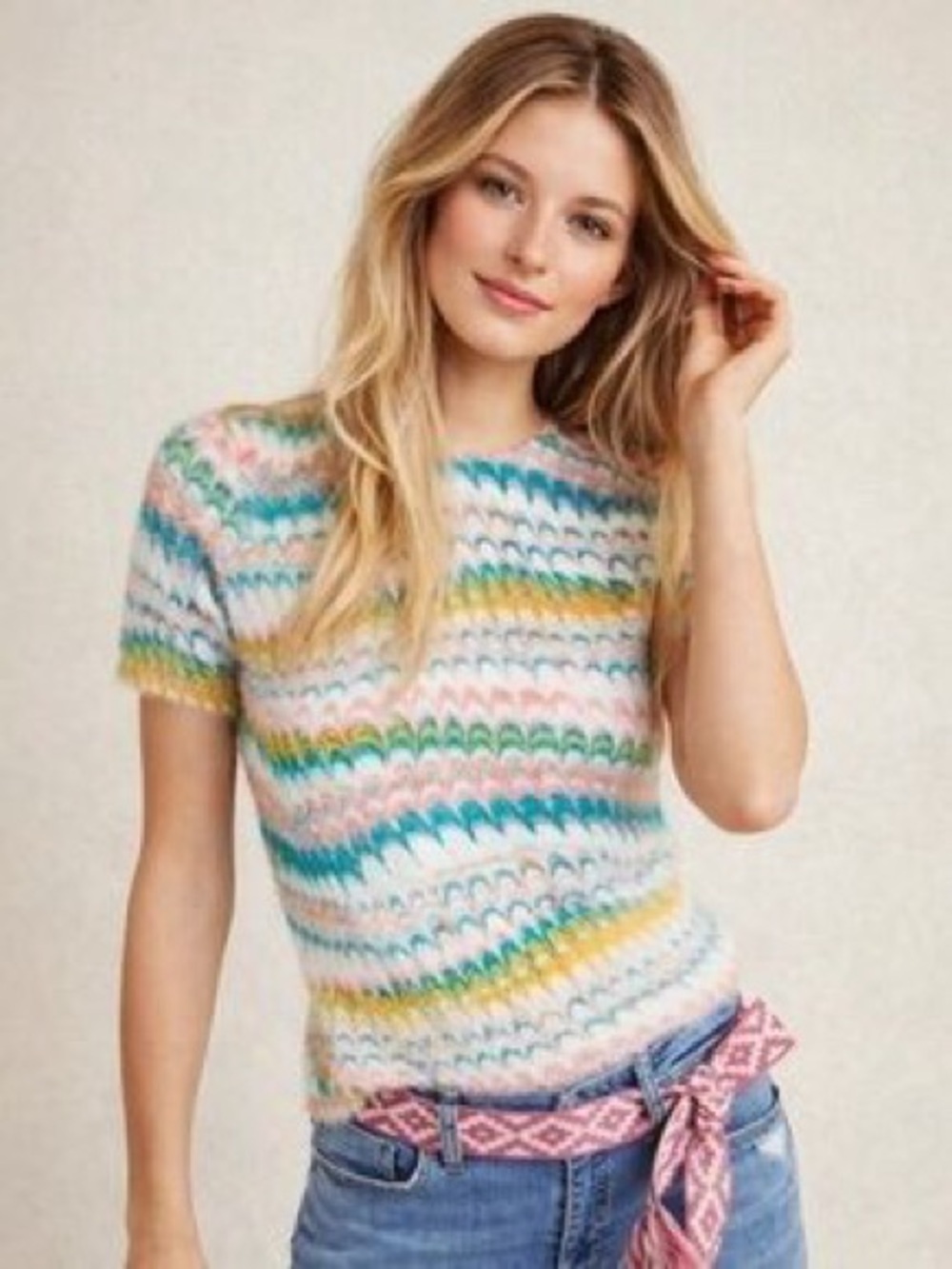 Anthropologie Fuzzy Knit Sweater Tee in Teal, Pink, White